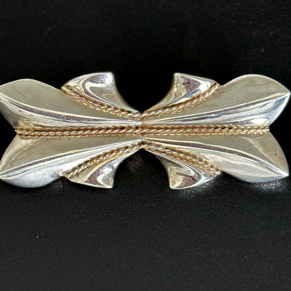 Vintage 925 Sterling Silver & 14K Gold Braided Two Tone Modern Abstract Brooch